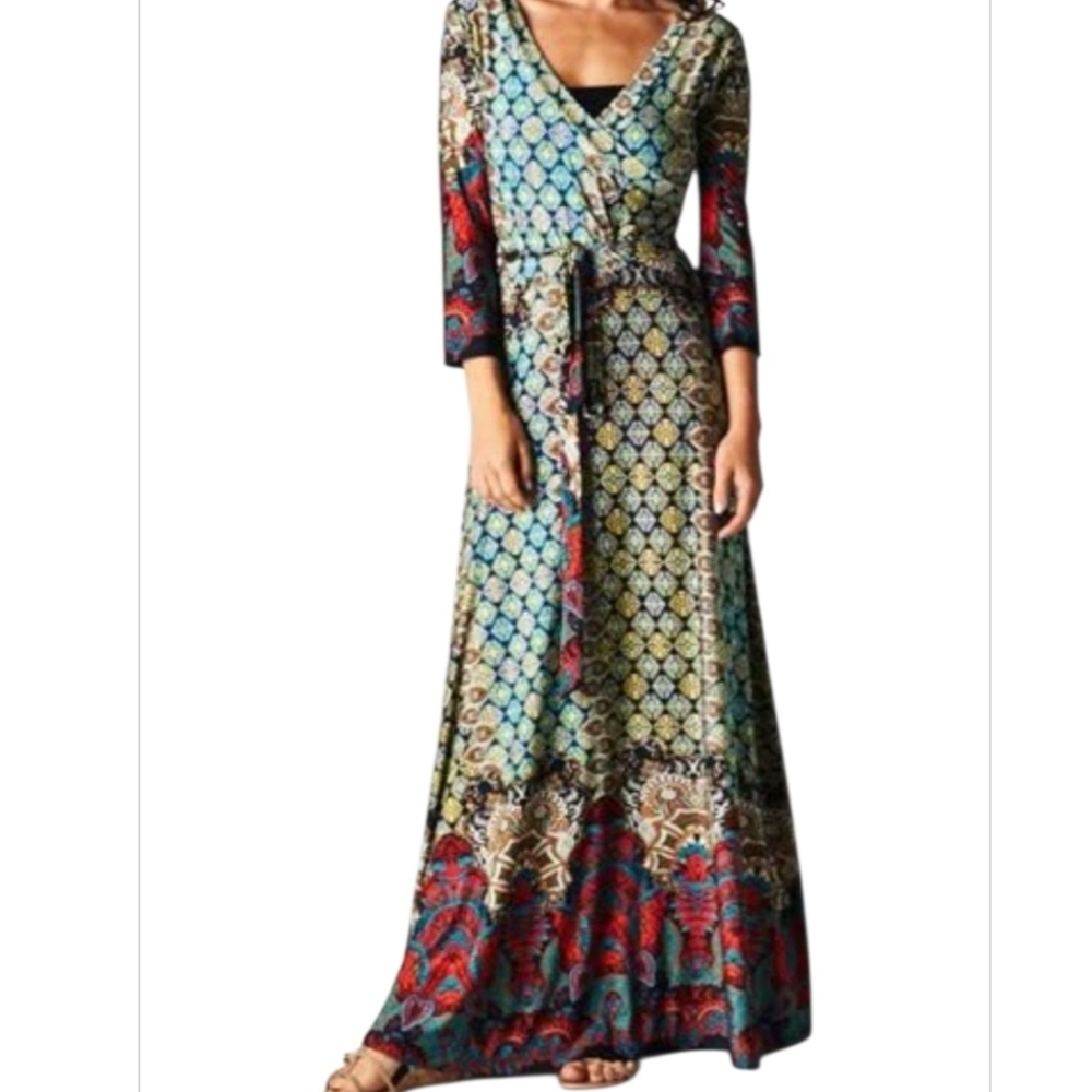 Blue and Brown Tiered Long Sleeve V-Neck Sundress